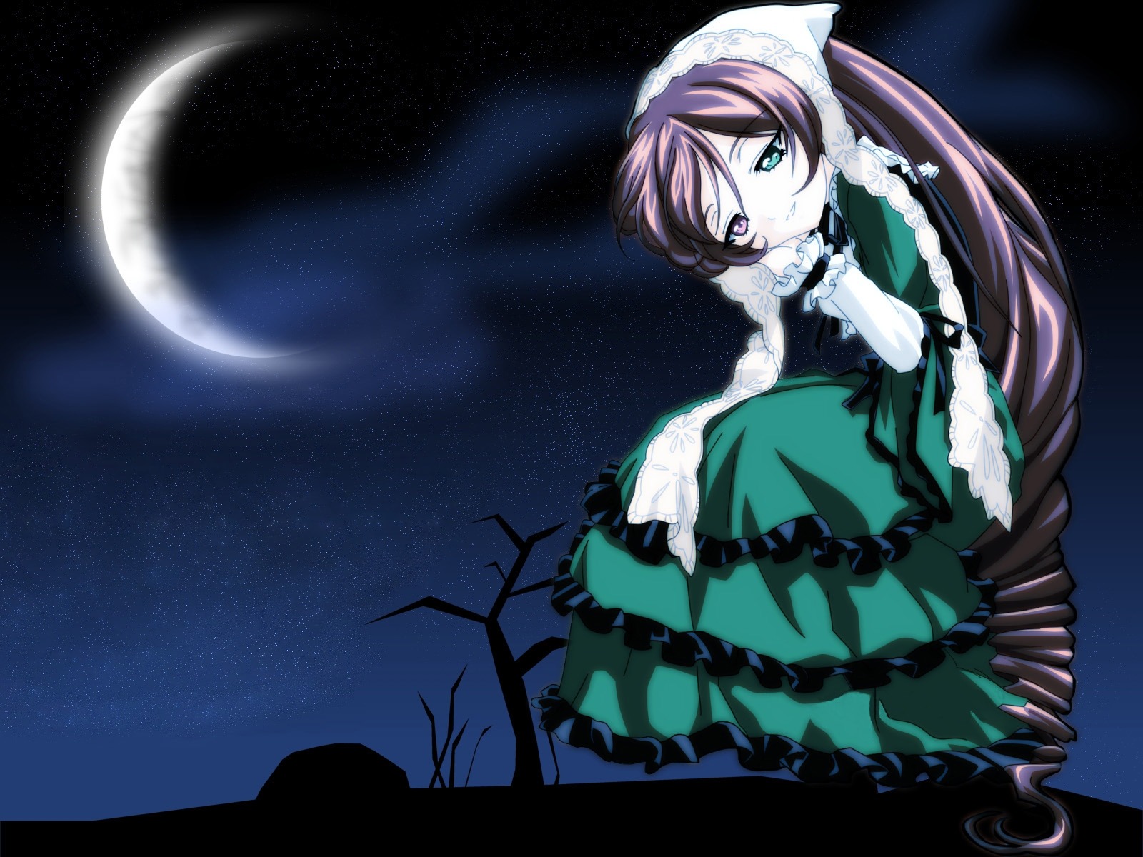 1girl crescent_moon dress frills green_dress green_eyes heterochromia image long_hair moon night night_sky red_eyes sky solo star_(sky) starry_sky suiseiseki very_long_hair