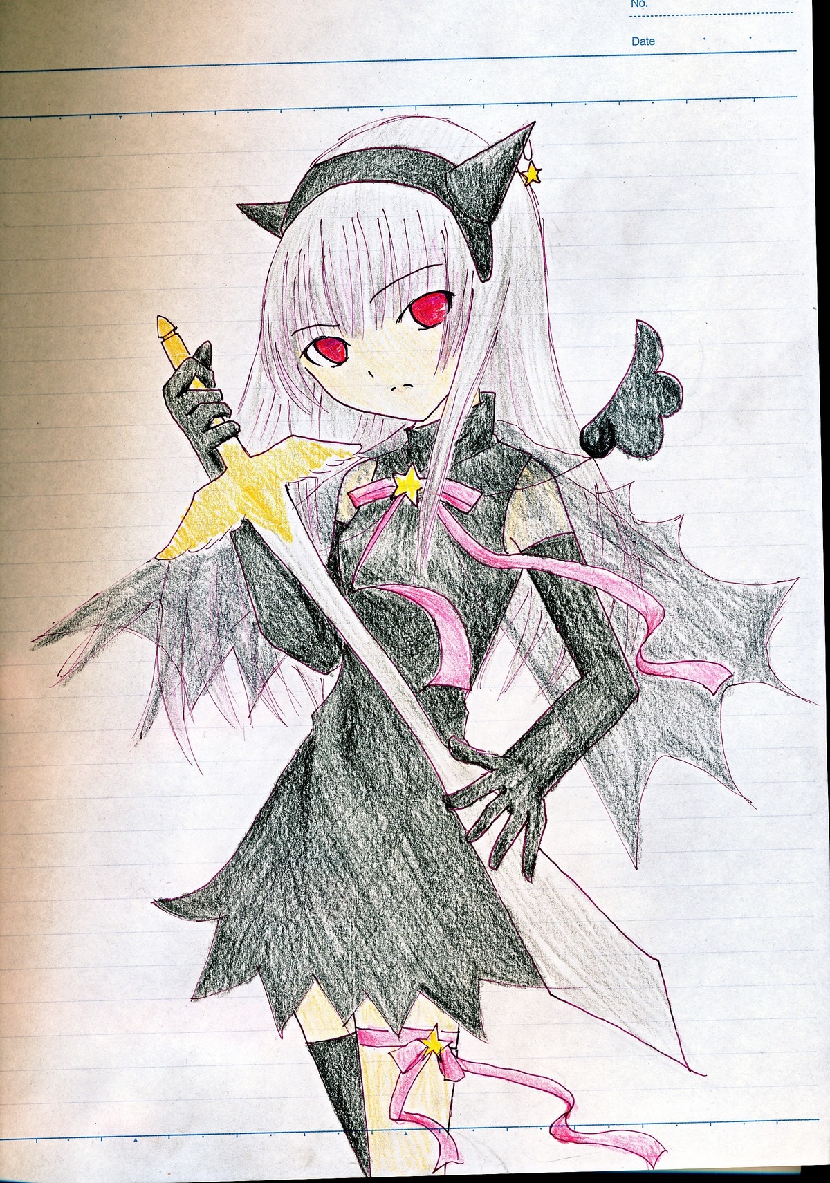 1girl animal_ears black_dress black_legwear cross dress gloves hand_on_hip image jewelry long_hair photo red_eyes solo standing star_(symbol) suigintou thighhighs traditional_media wings zettai_ryouiki