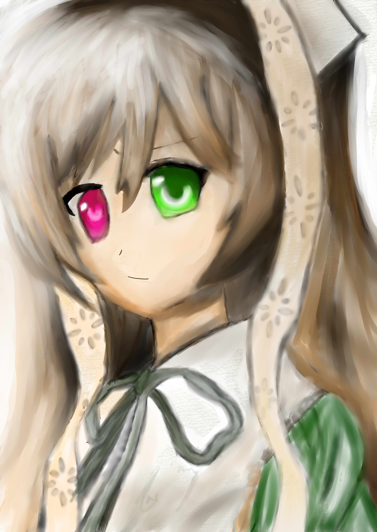 1girl auto_tagged black_ribbon brown_hair closed_mouth dress green_eyes heterochromia image long_hair looking_at_viewer neck_ribbon ribbon solo suiseiseki upper_body