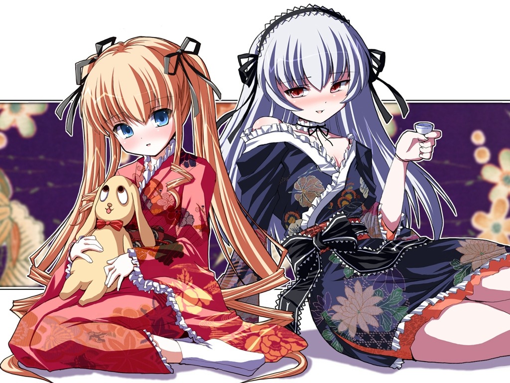 2006 2girls adapted_costume alcohol arm_support bare_shoulders blonde_hair blue_eyes blush breasts chinese_zodiac dog dress drunk floral_print frilled_kimono frills full_body hair_between_eyes hair_ribbon hairband head_tilt holding image japanese_clothes kimono kunkun lolita_fashion lolita_hairband long_hair long_sleeves looking_at_viewer multiple_girls neck_garter new_year no_hat no_headwear nose_blush off_shoulder pair red_eyes ribbon rozen_maiden sake shinku shinshin silver_hair simple_background sitting smile socks stuffed_animal stuffed_dog suigintou tabi twintails very_long_hair wariza white_legwear year_of_the_dog