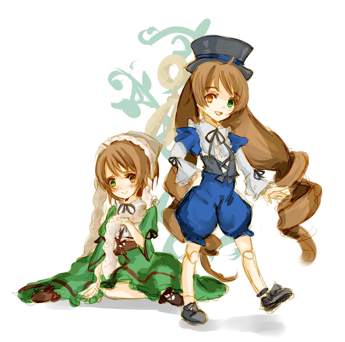 auto_tagged blue_dress bow brown_hair dress frills green_eyes hat heterochromia image long_hair long_sleeves multiple_girls open_mouth pair red_eyes short_hair siblings sisters smile souseiseki suiseiseki top_hat twins twintails underwear very_long_hair