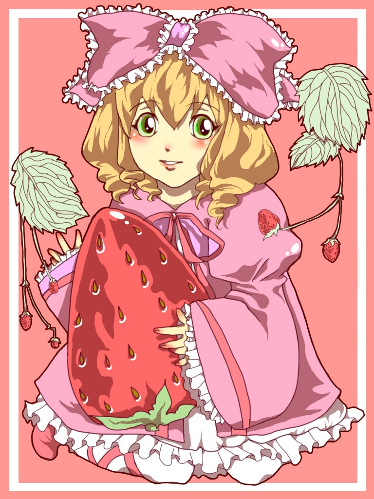 1girl blonde_hair blush bow dress food frills fruit green_eyes hina_ichigo hinaichigo holding_fruit image long_sleeves object_namesake pantyhose pink_background pink_bow short_hair solo strawberry