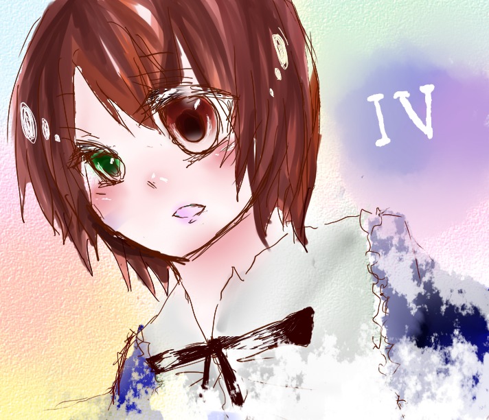 1girl blush brown_hair eyebrows_visible_through_hair green_eyes heterochromia image looking_at_viewer short_hair solo souseiseki upper_body