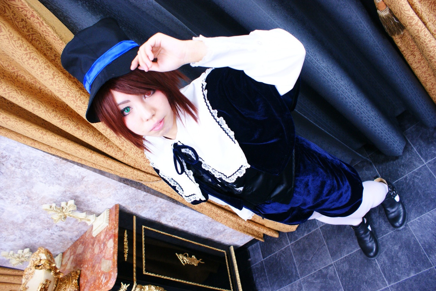 1girl blue_eyes brown_hair from_above hat long_sleeves ribbon shoes solo souseiseki standing top_hat