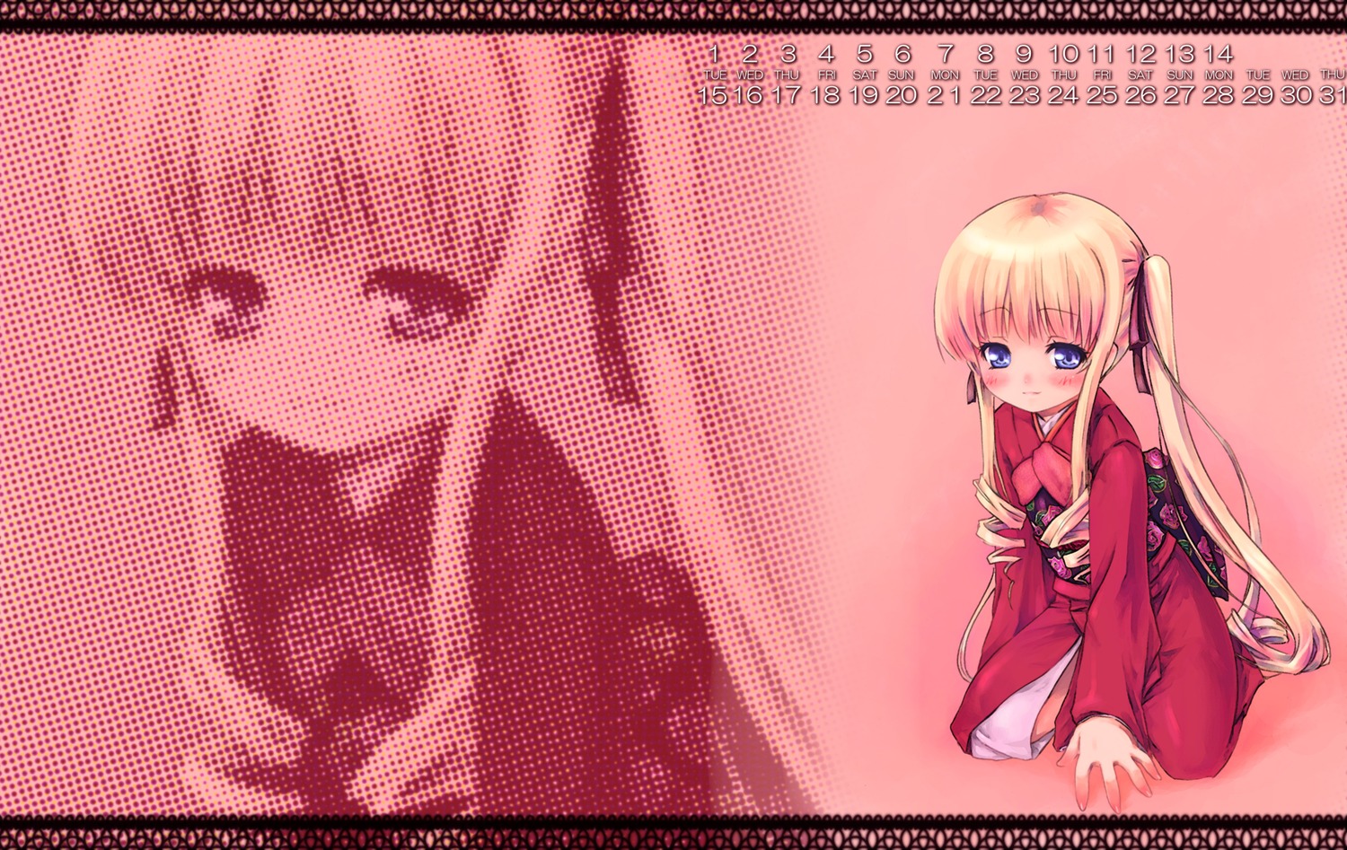 1girl blonde_hair blue_eyes blush hair_ribbon halftone halftone_background image japanese_clothes kimono long_hair polka_dot polka_dot_background ribbon sawamura_spencer_eriri shinku sitting solo twintails zoom_layer