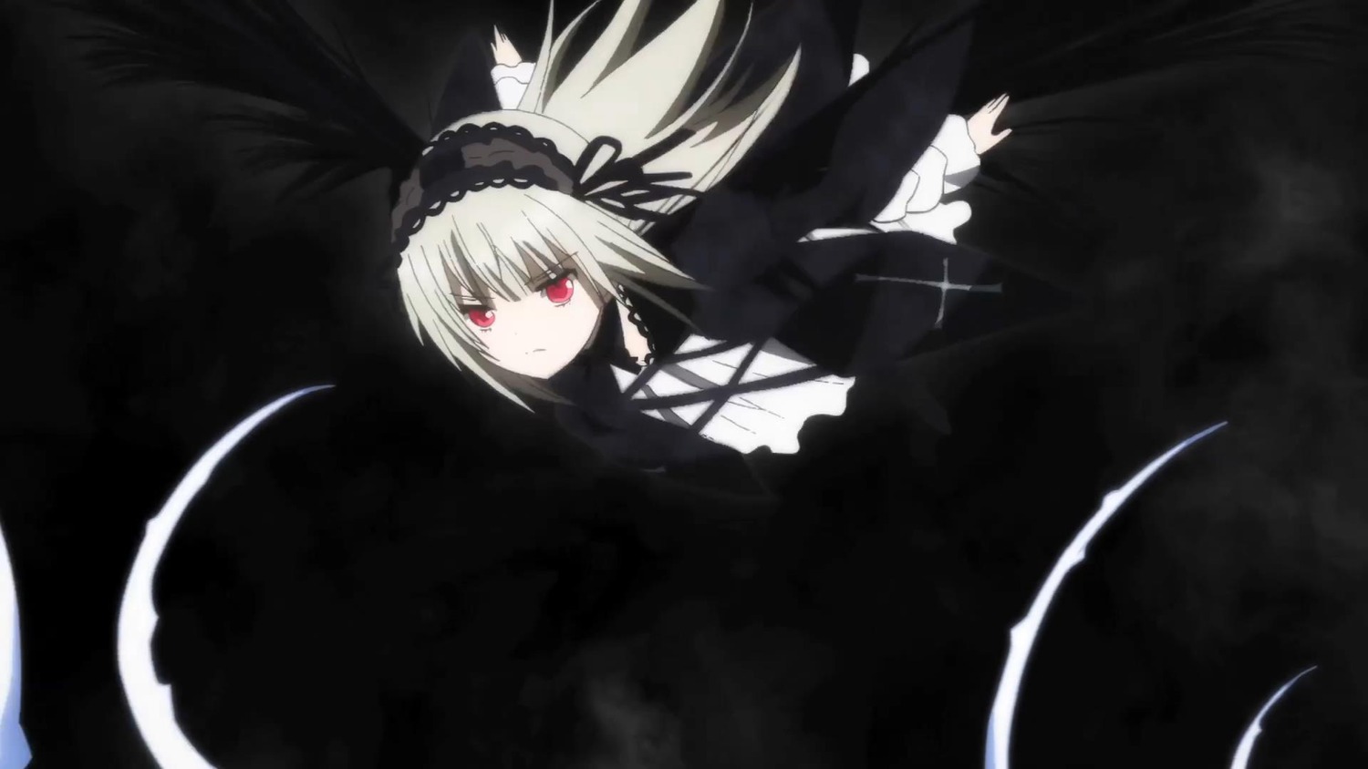 1girl black_dress black_ribbon crescent_moon dress frills full_moon hairband image long_hair long_sleeves looking_at_viewer moon night red_eyes ribbon silver_hair solo suigintou wings
