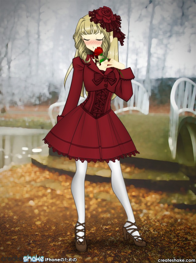 1girl blonde_hair blurry blush closed_eyes dress flower hair_ornament image pantyhose red_flower red_rose rose shinku solo white_legwear