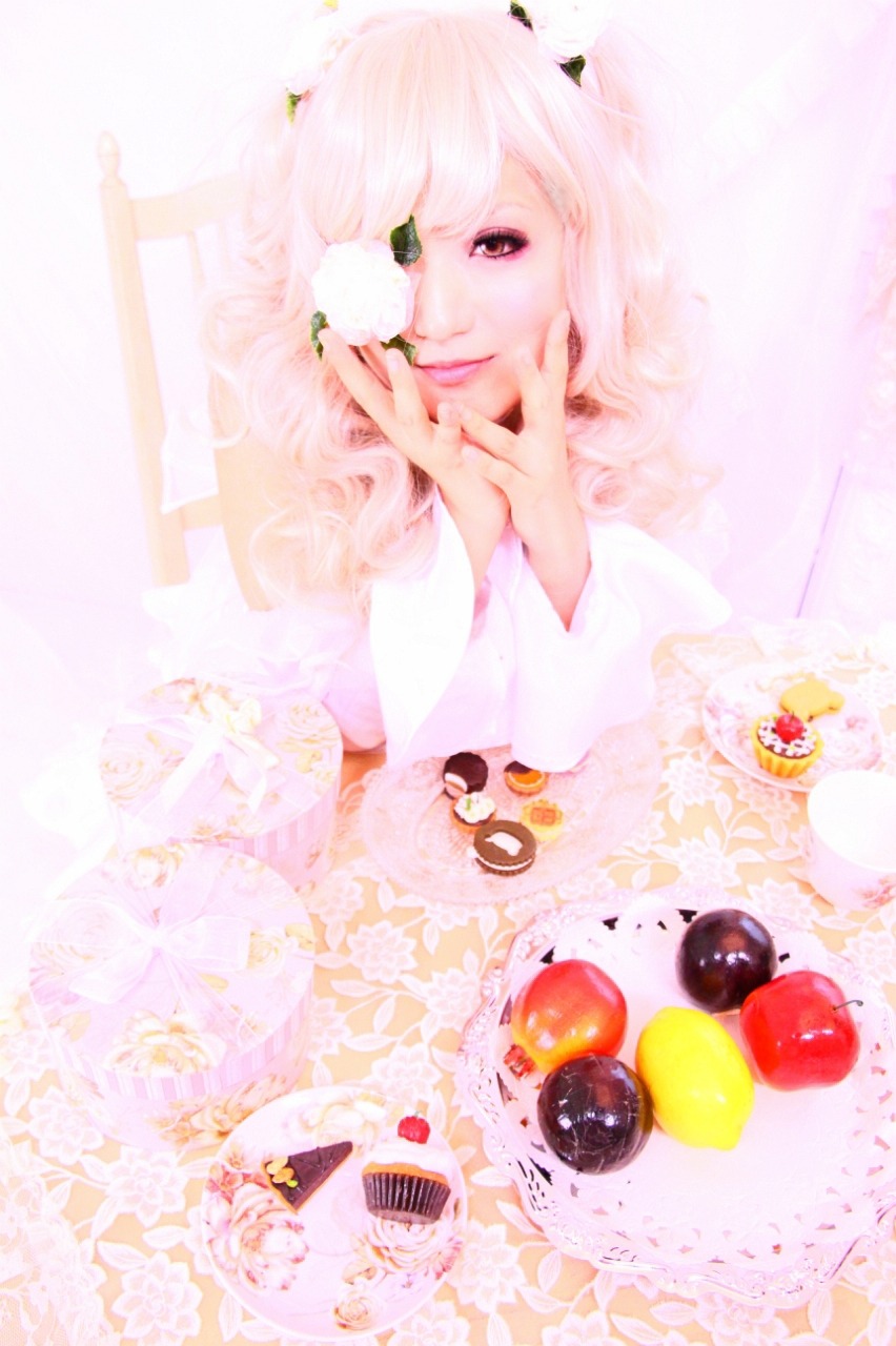 1girl apple food fruit kirakishou looking_at_viewer solo strawberry striped striped_shirt vertical_stripes white_hair
