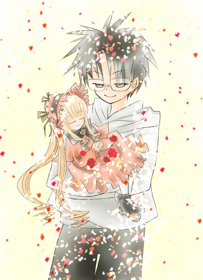 1boy 1girl blonde_hair bouquet carrying closed_eyes dress flower glasses gloves image long_hair petals princess_carry red_flower red_rose rose shinku smile solo wedding_dress