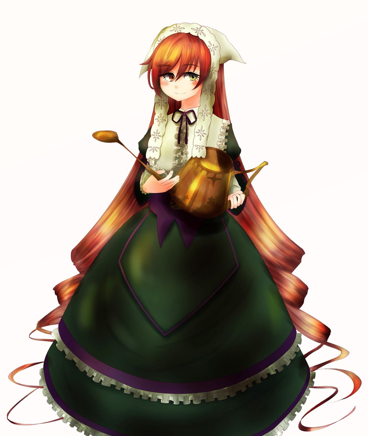 1girl blush brown_hair dress drill_hair frills green_dress green_eyes image long_hair long_sleeves looking_at_viewer ribbon smile solo suiseiseki twin_drills very_long_hair watering_can