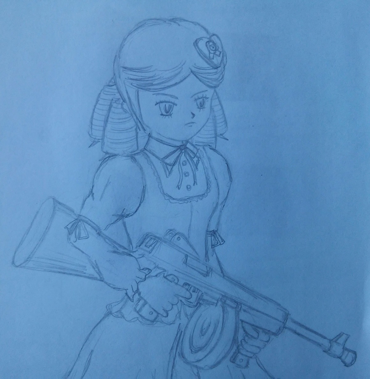 1girl aqua_theme blue_theme dress drill_hair gun hair_ornament image kanaria monochrome rifle ringlets solo traditional_media twin_drills weapon