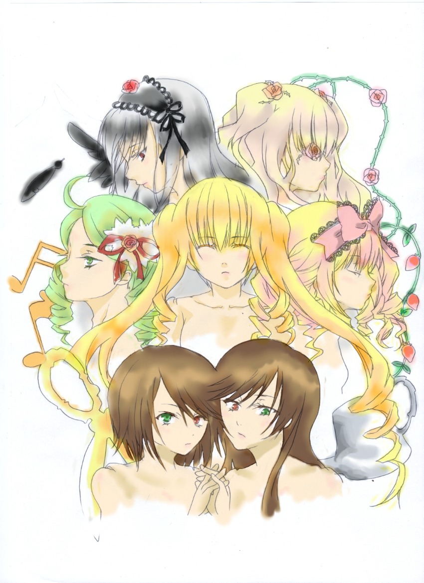 6+girls blonde_hair bow brown_hair closed_eyes flower green_eyes green_hair hair_ornament hair_ribbon hina_ichigo image kanaria long_hair multiple multiple_girls red_flower ribbon rose shinku short_hair souseiseki suigintou suiseiseki tagme twins twintails