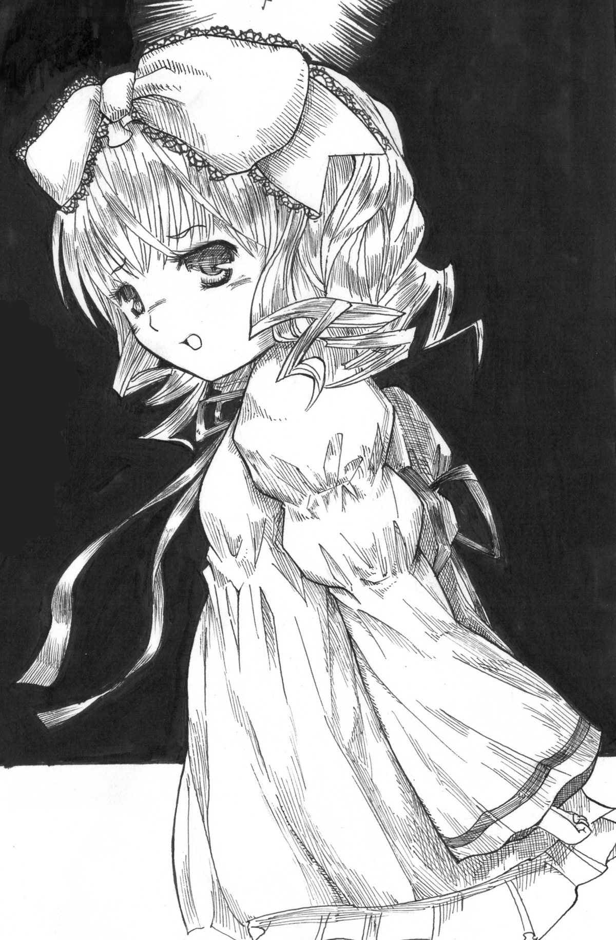 1girl blush bow dress greyscale hinaichigo image looking_at_viewer looking_back monochrome short_hair solo traditional_media wings