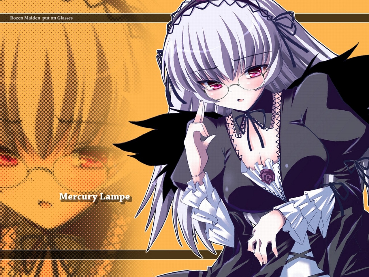 1girl auto_tagged black_wings blush breasts detached_collar dress flower frilled_sleeves frills glasses hairband halftone halftone_background image lolita_hairband long_hair long_sleeves looking_at_viewer open_mouth orange_background pink_eyes polka_dot_background rose silver_hair solo suigintou wings