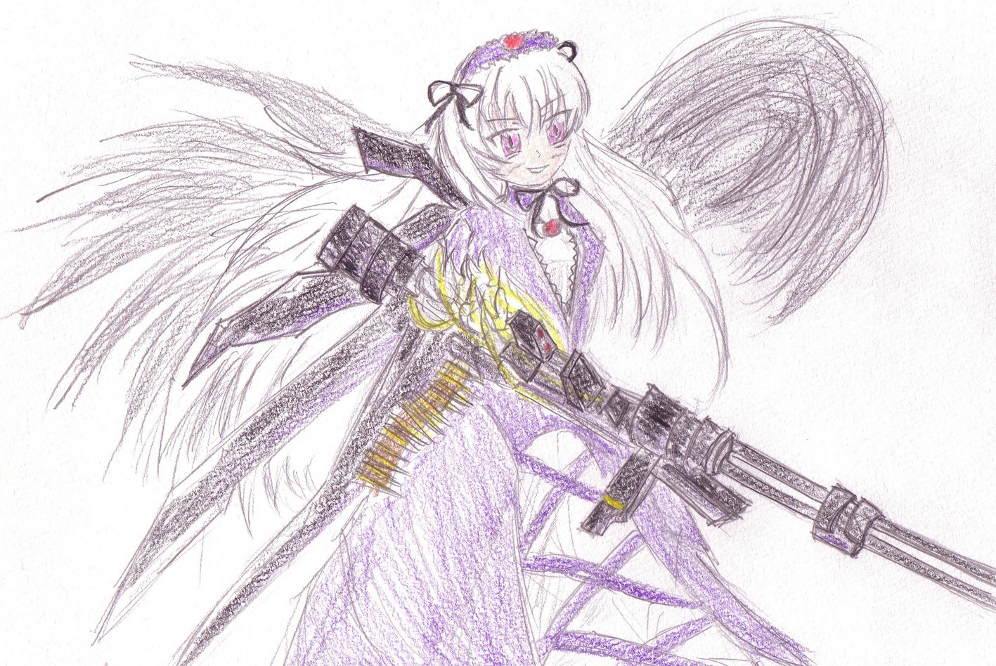 1girl black_wings dress flower frills gun hairband image long_hair long_sleeves looking_at_viewer pink_eyes rose solo suigintou very_long_hair weapon white_background wings