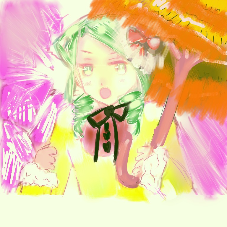 1girl :o drill_hair flower green_eyes green_hair hat image kanaria looking_at_viewer open_mouth ribbon solo twin_drills upper_body