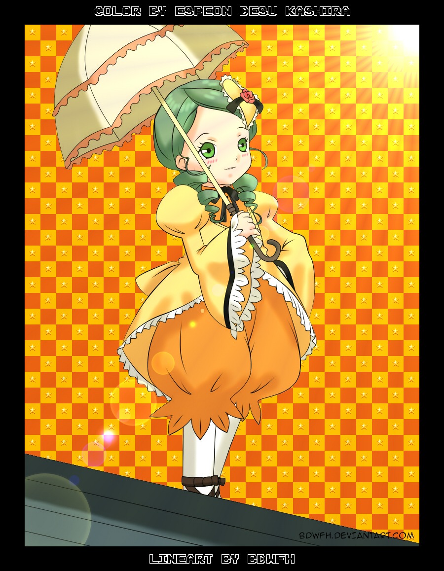 1girl argyle argyle_background argyle_legwear black_border checkered checkered_background checkered_floor chess_piece company_name copyright_name green_eyes green_hair hair_ornament holding_umbrella image kanaria letterboxed parasol race_queen solo tile_floor tiles umbrella