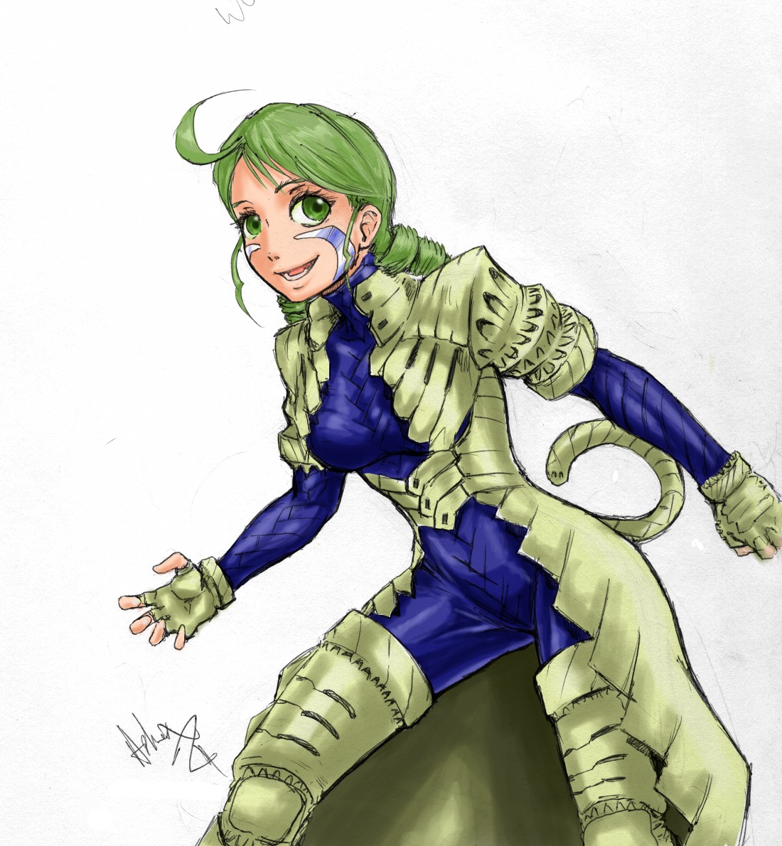 1girl ahoge braid fingerless_gloves gloves green_eyes green_hair image kanaria long_hair signature solo