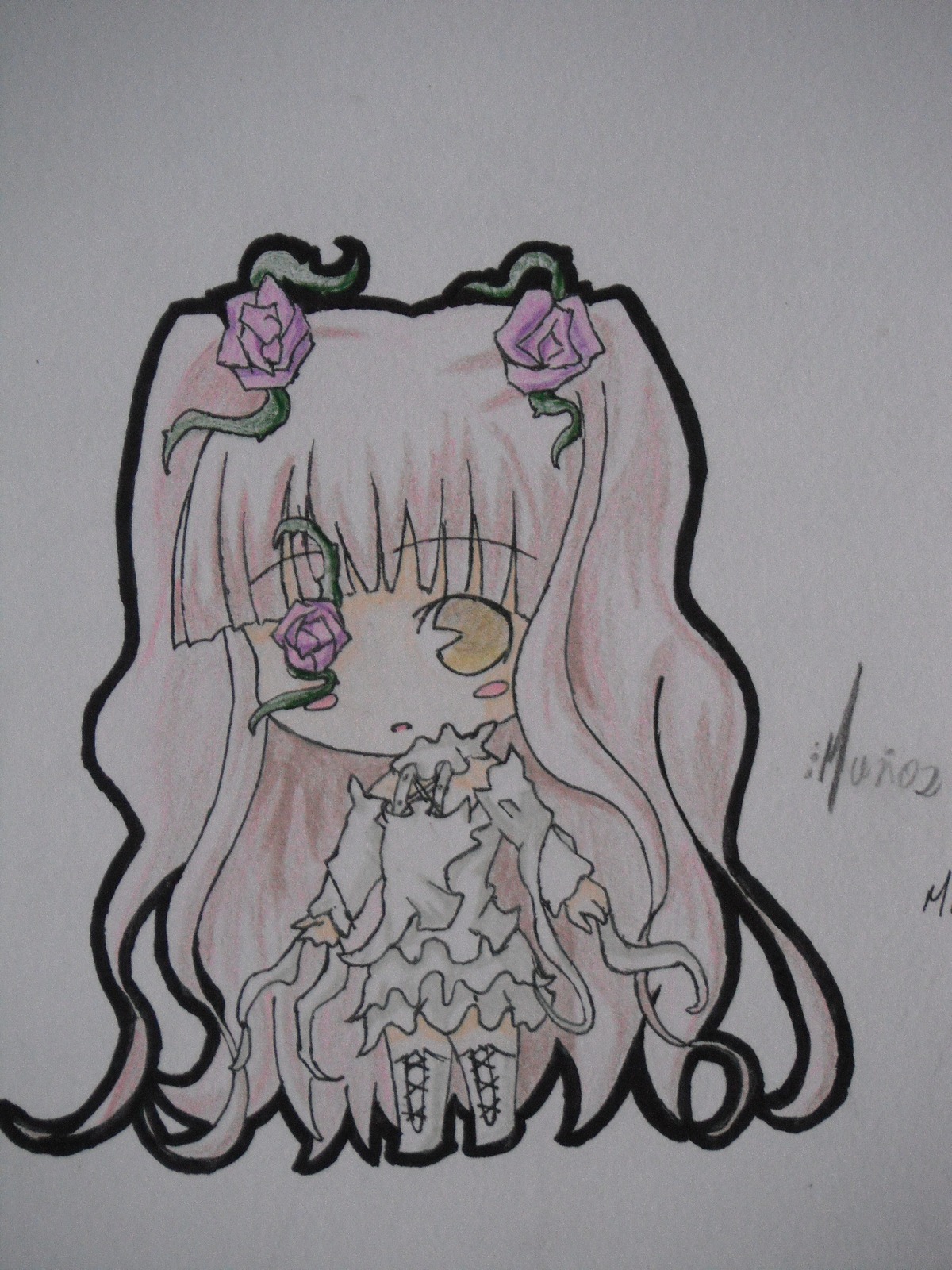1girl dress flower hair_ornament image kirakishou long_hair pink_flower pink_hair pink_rose plant purple_flower purple_rose rose solo thorns traditional_media very_long_hair vines