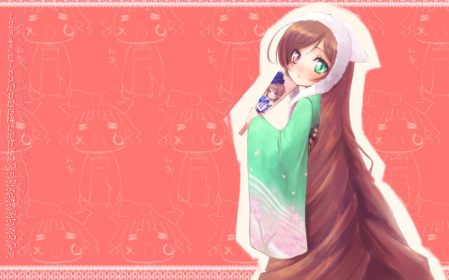 1girl =_= animal_hood brown_hair calendar_(medium) commentary_request dress drill_hair green_eyes heterochromia highres hood image long_hair pokomi red_eyes rozen_maiden solo souseiseki suiseiseki very_long_hair