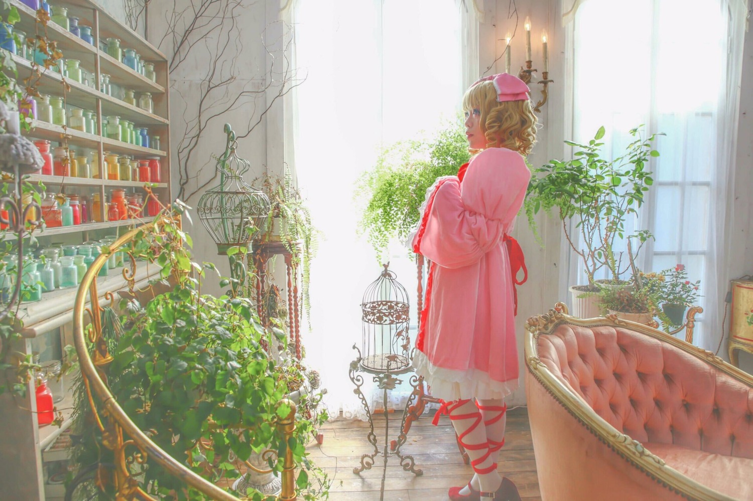 1girl blonde_hair bow dress hair_bow hinaichigo pink_dress plant potted_plant short_hair solo standing window