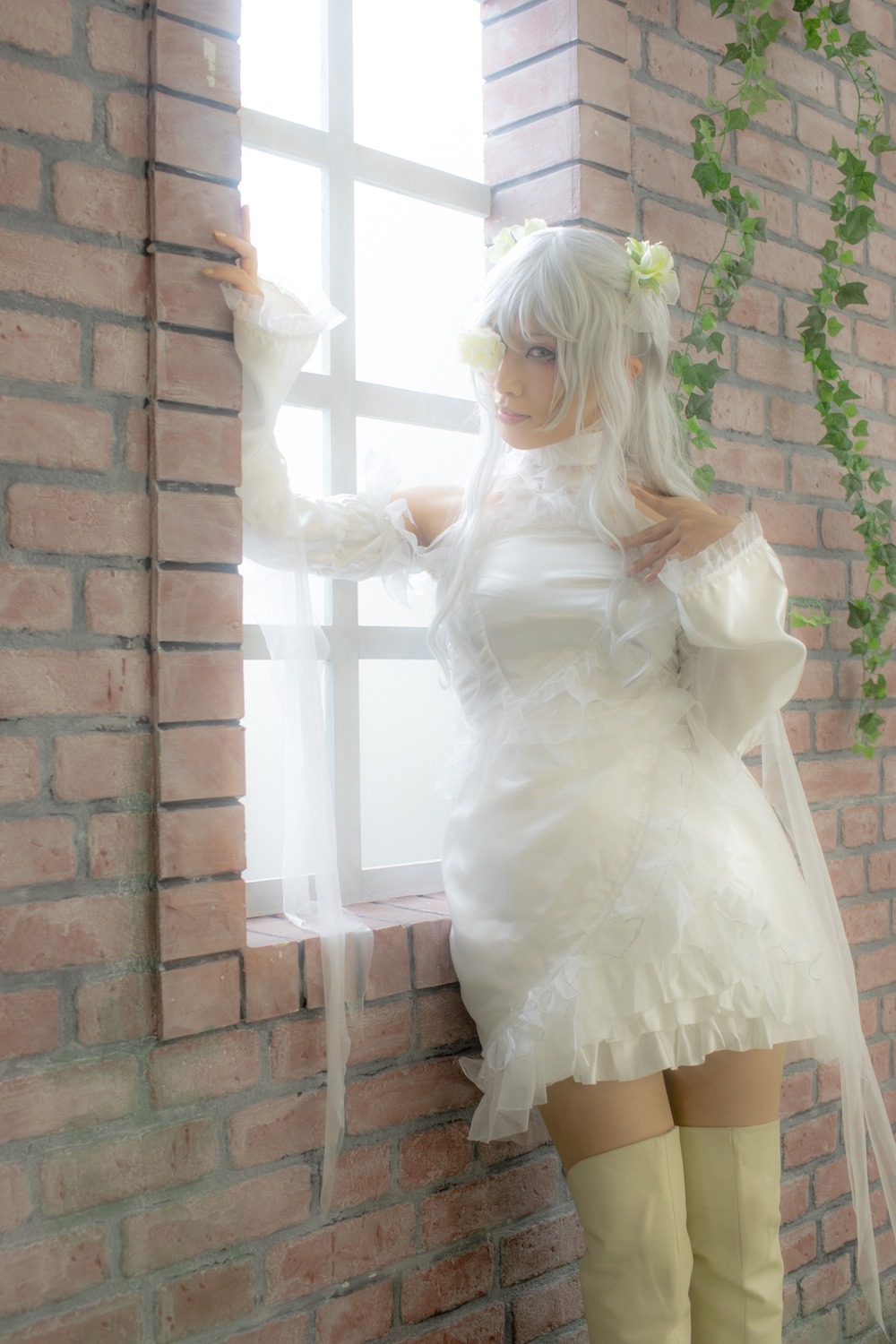 1girl blue_eyes brick_wall dress kirakishou long_hair solo standing thighhighs tile_floor tiles white_dress white_hair window
