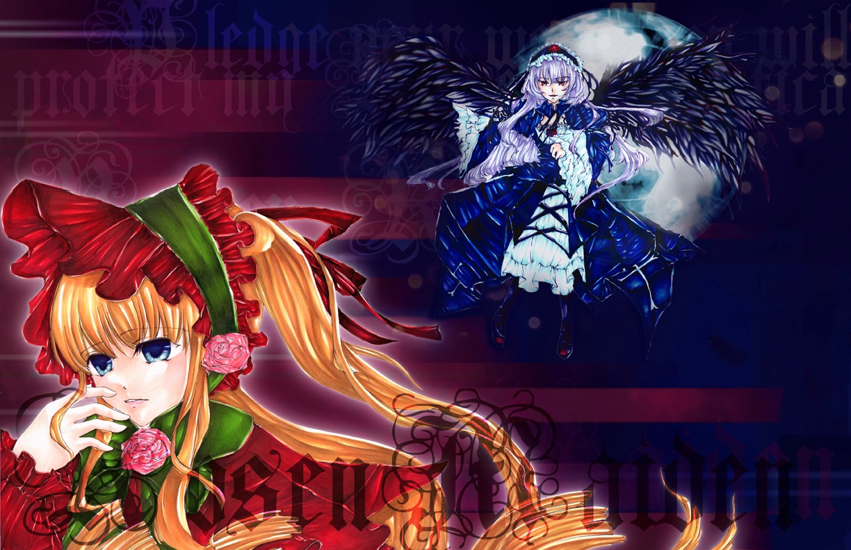2girls auto_tagged black_wings blonde_hair blue_eyes bonnet bow dress drill_hair flower frills green_bow hairband image long_hair long_sleeves multiple_girls pair red_dress red_flower red_rose rose shinku suigintou twintails wings