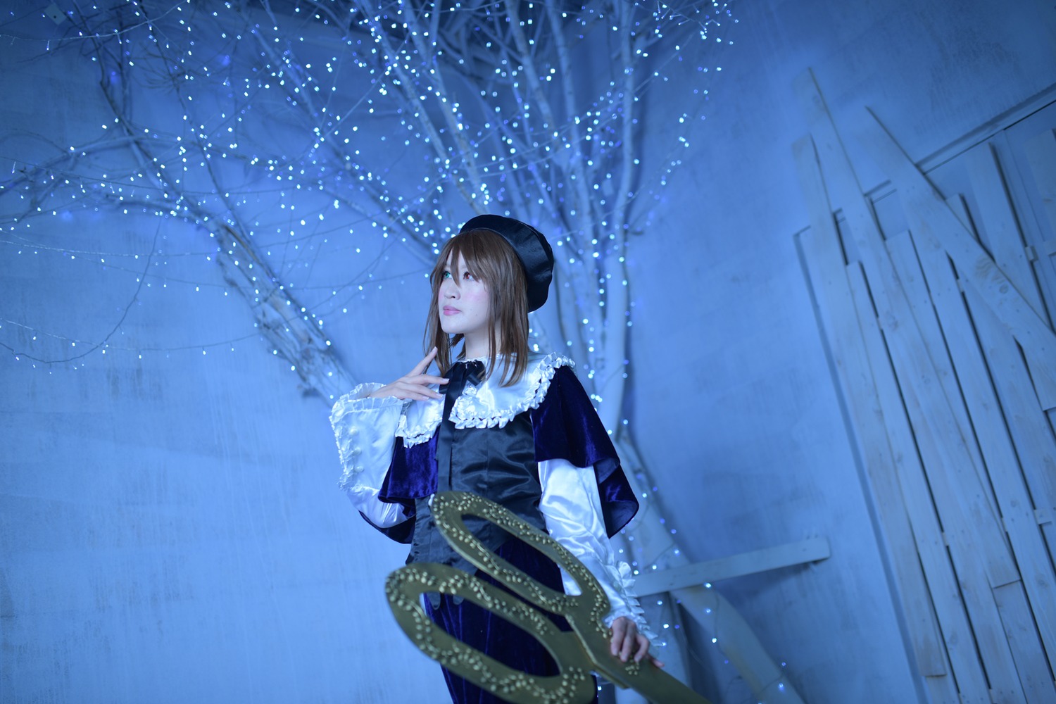 1girl blonde_hair blue_theme capelet dress hat long_hair long_sleeves night night_sky sky solo souseiseki standing star_(sky) starry_sky