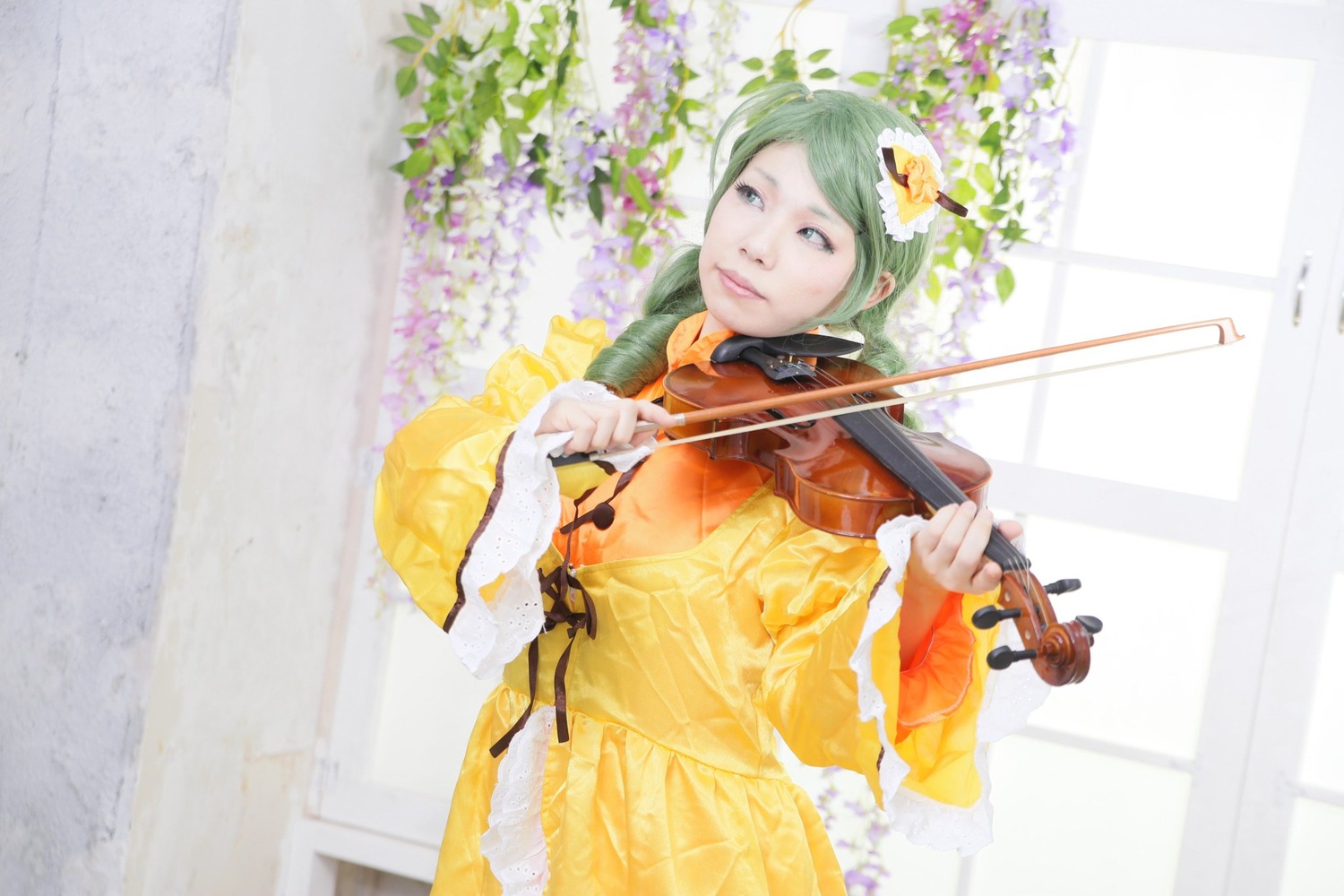 1girl bow_(instrument) flower flute green_hair guitar hair_flower hair_ornament holding_instrument instrument kanaria lute_(instrument) music playing_instrument plectrum solo violin