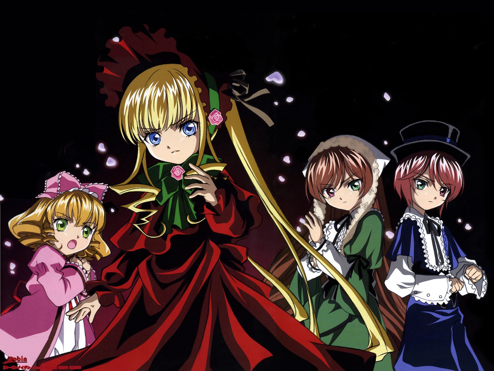 4girls blonde_hair blue_eyes bonnet bow bowtie brown_hair dress flower green_dress green_eyes hat heterochromia hina_ichigo image long_hair long_sleeves looking_at_viewer multiple multiple_girls open_mouth petals pink_bow pink_flower red_eyes rose shinku short_hair siblings sisters souseiseki suiseiseki tagme twintails