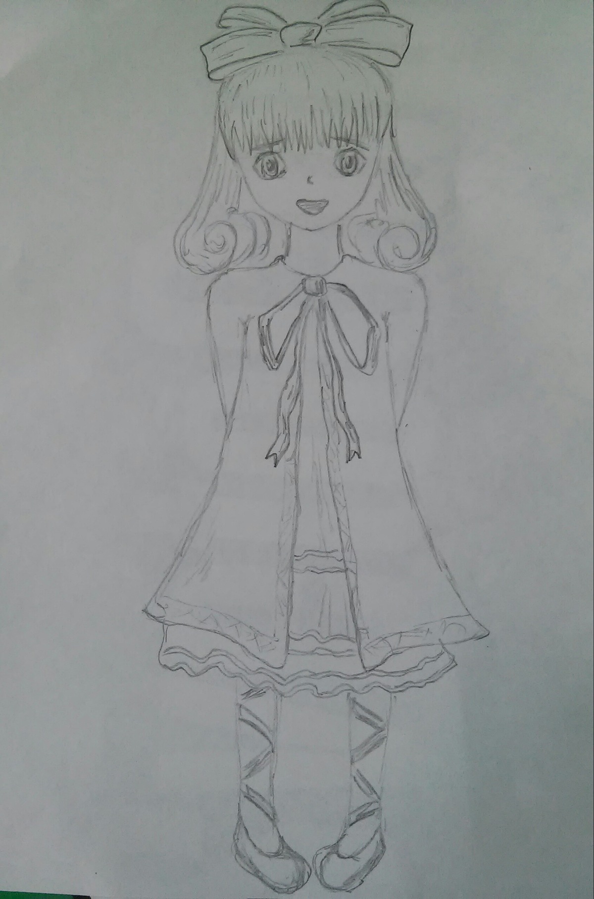 1girl bow dress front_ponytail full_body greyscale hinaichigo image kagiyama_hina long_hair looking_at_viewer monochrome open_mouth photo ribbon sketch smile solo standing traditional_media