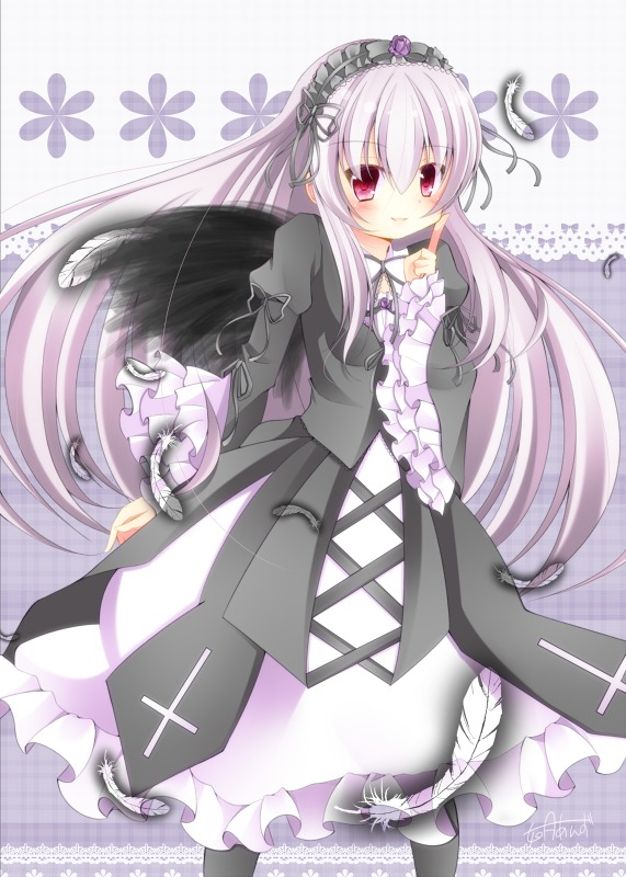 1girl bangs black_ribbon black_wings blush dress flower frills gothic_lolita hairband image lolita_fashion lolita_hairband long_hair long_sleeves looking_at_viewer pink_eyes red_eyes ribbon silver_hair smile solo suigintou very_long_hair wings