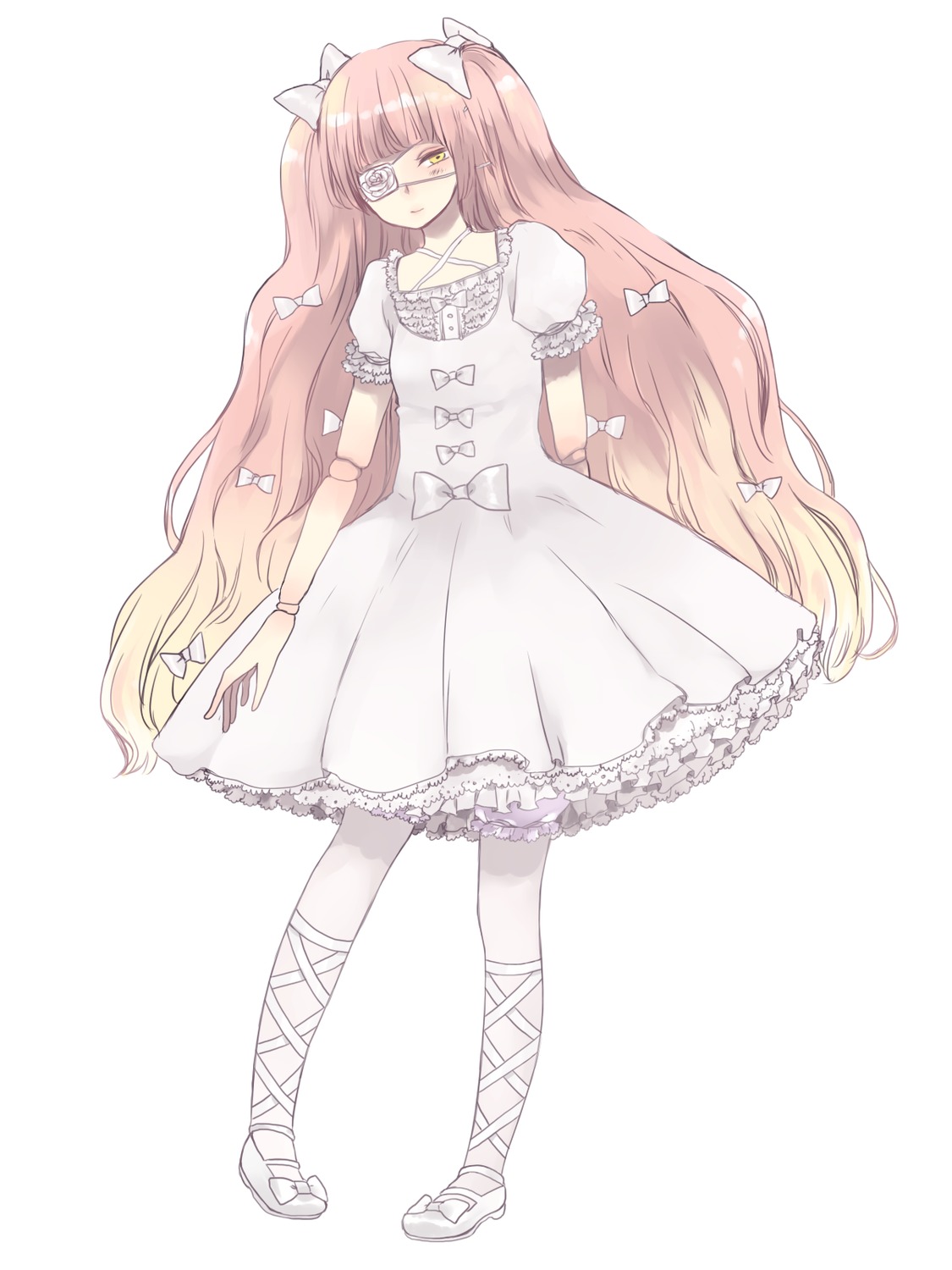 1girl bow cross-laced_footwear dress eyepatch frills full_body hair_bow image kaname_madoka kirakishou long_hair pink_hair puffy_sleeves ribbon short_sleeves solo striped two_side_up ultimate_madoka very_long_hair white_dress yellow_eyes