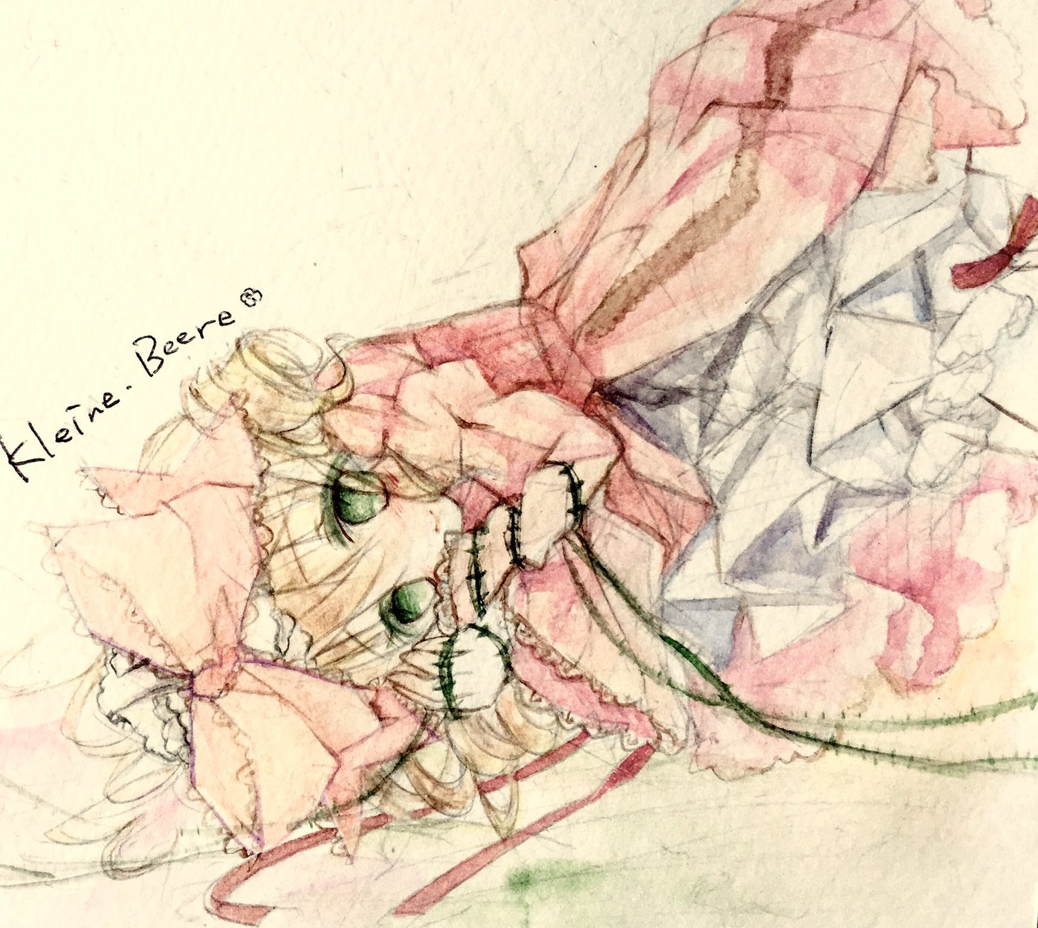 1girl blonde_hair blush bow dress frills green_eyes hina_ichigo hinaichigo image long_sleeves looking_at_viewer pink_bow smile solo