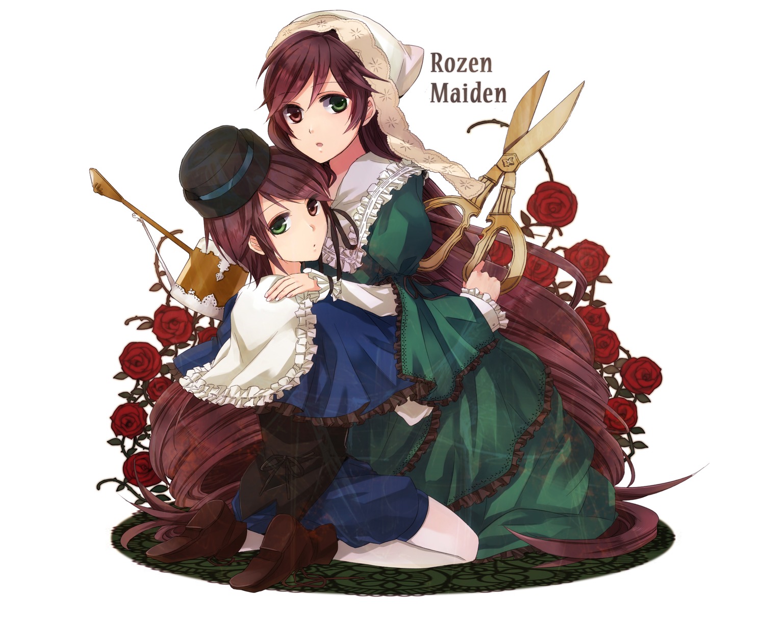 2girls bad_id bad_pixiv_id brown_hair dress flower fujiwara_truffe green_dress green_eyes hairband hat heterochromia highres image kneeling long_hair multiple_girls pair pantyhose photoshop_(medium) pink_rose red_flower red_rose rose rozen_maiden scissors short_hair siblings sisters souseiseki suiseiseki thorns twins very_long_hair watering_can
