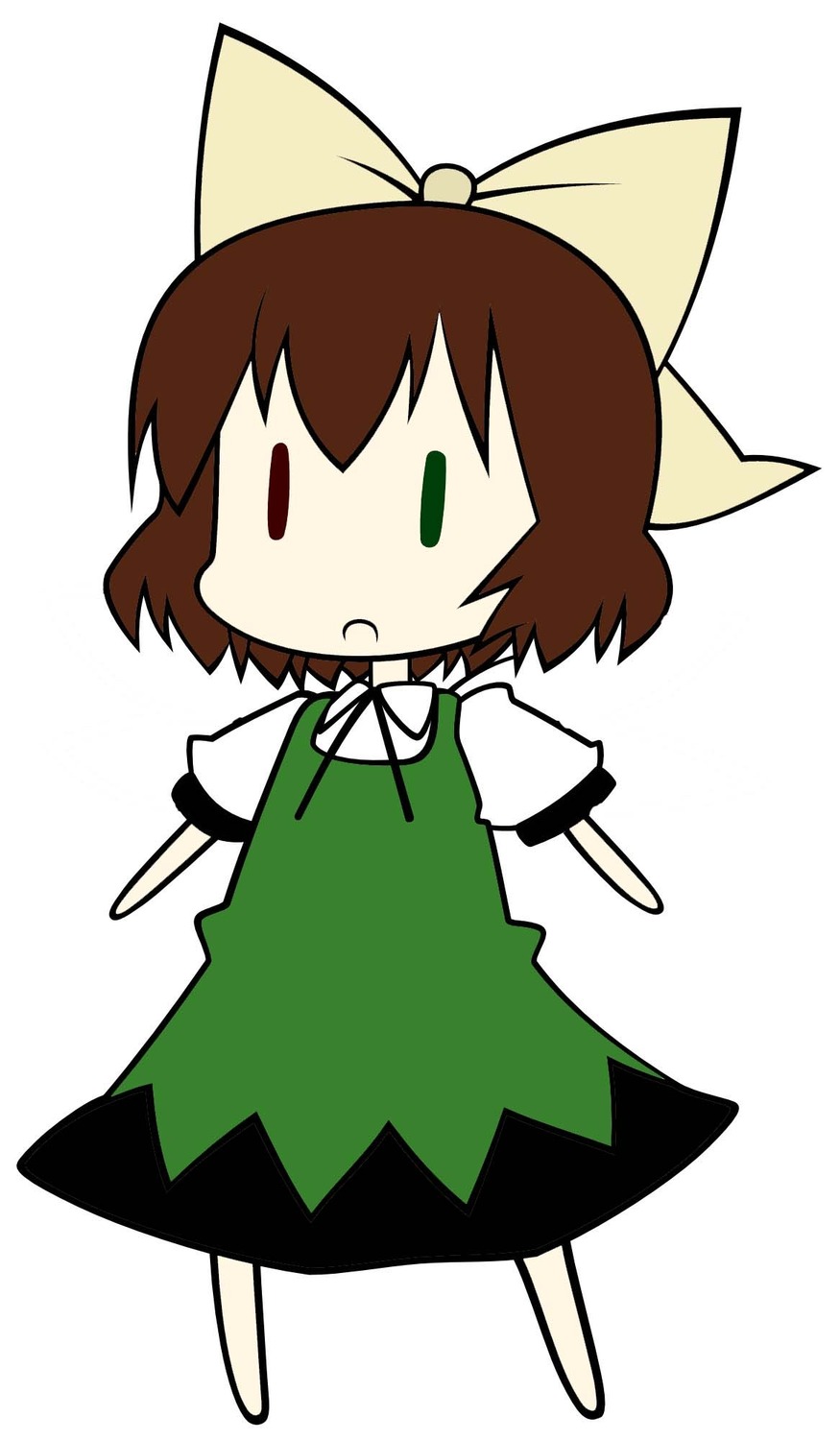 1girl :< barefoot bow brown_hair chibi dress full_body hair_bow image ribbon short_hair simple_background solo standing suiseiseki white_background yellow_bow |_|