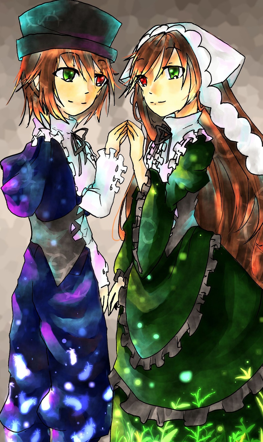 2girls brown_hair dress frills green_dress green_eyes hat head_scarf heterochromia holding_hands image long_hair long_sleeves looking_at_viewer multiple_girls pair red_eyes short_hair siblings sisters smile souseiseki suiseiseki twins very_long_hair