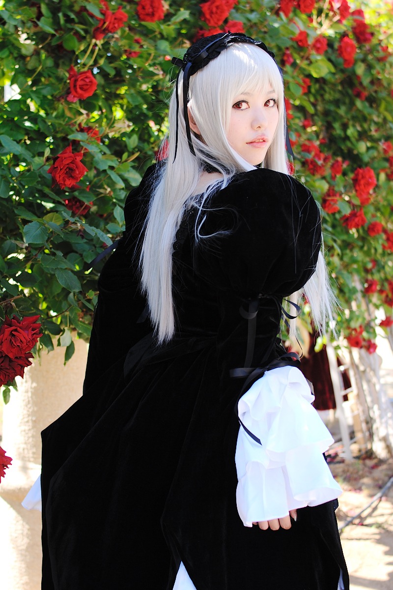 1girl bangs black_dress dress flower gothic_lolita hairband long_hair looking_at_viewer looking_back plant red_eyes red_flower red_rose rose solo suigintou thorns