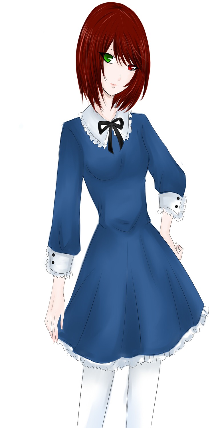 1girl auto_tagged blue_dress dress frills green_eyes heterochromia image long_sleeves looking_at_viewer pantyhose red_eyes short_hair simple_background smile solo souseiseki white_background white_legwear