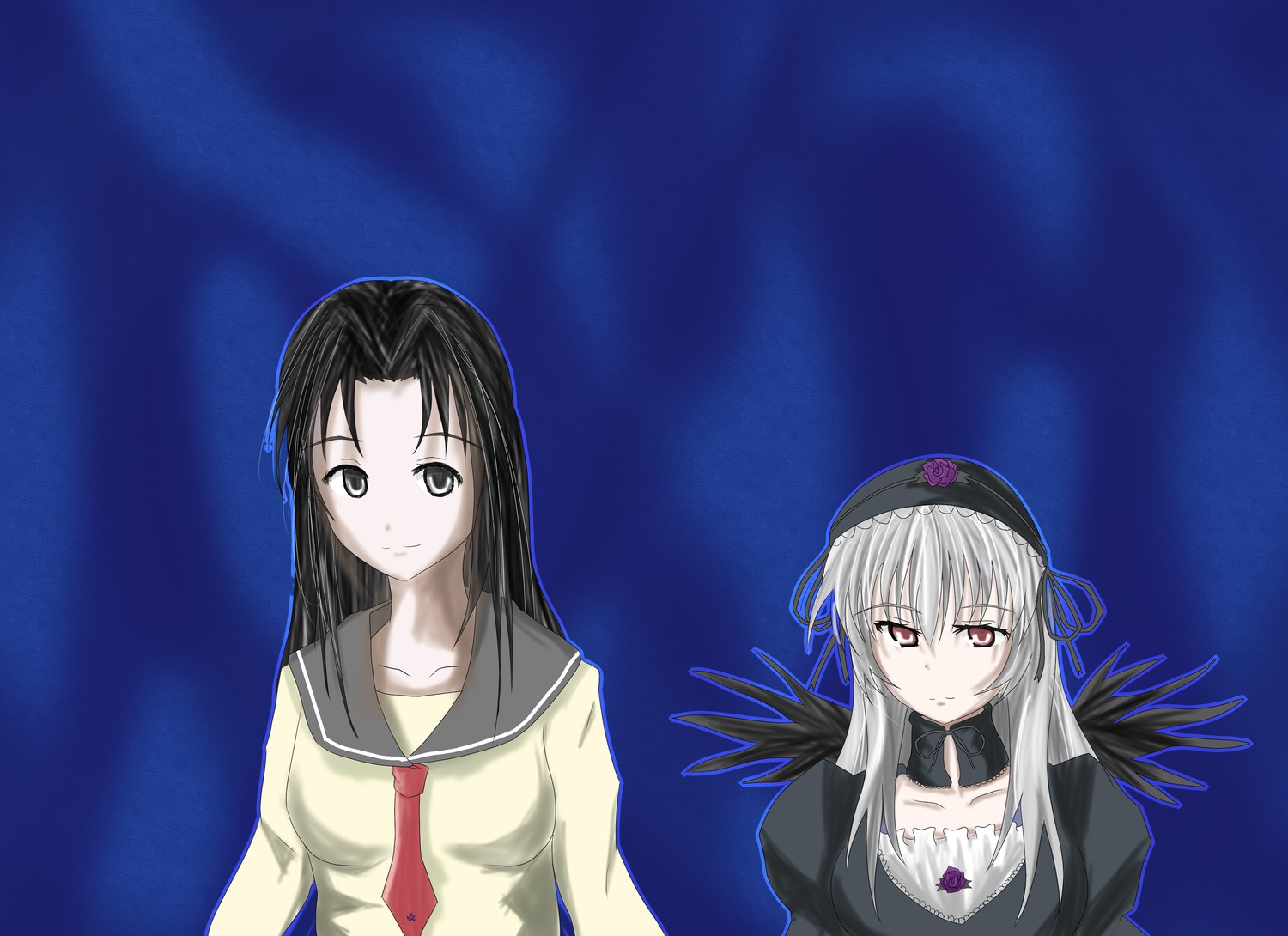 2girls black_hair black_wings collarbone dress hairband image kakizaki_megu long_hair long_sleeves looking_at_viewer multiple_girls night school_uniform silver_hair sky smile solo suigintou wings