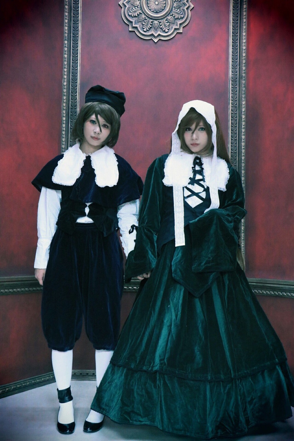 black_hair dress fur_trim gothic hood lipstick multiple_cosplay shoes standing tagme