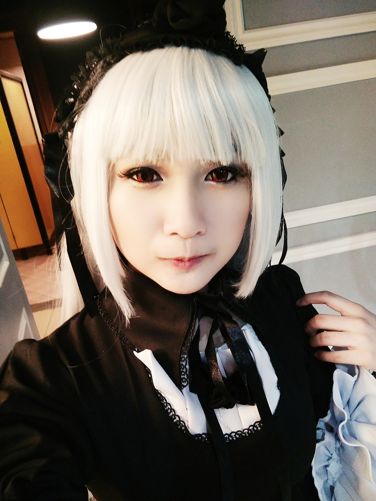 1girl bangs closed_mouth gloves halo lace lips looking_at_viewer red_eyes solo suigintou upper_body white_hair
