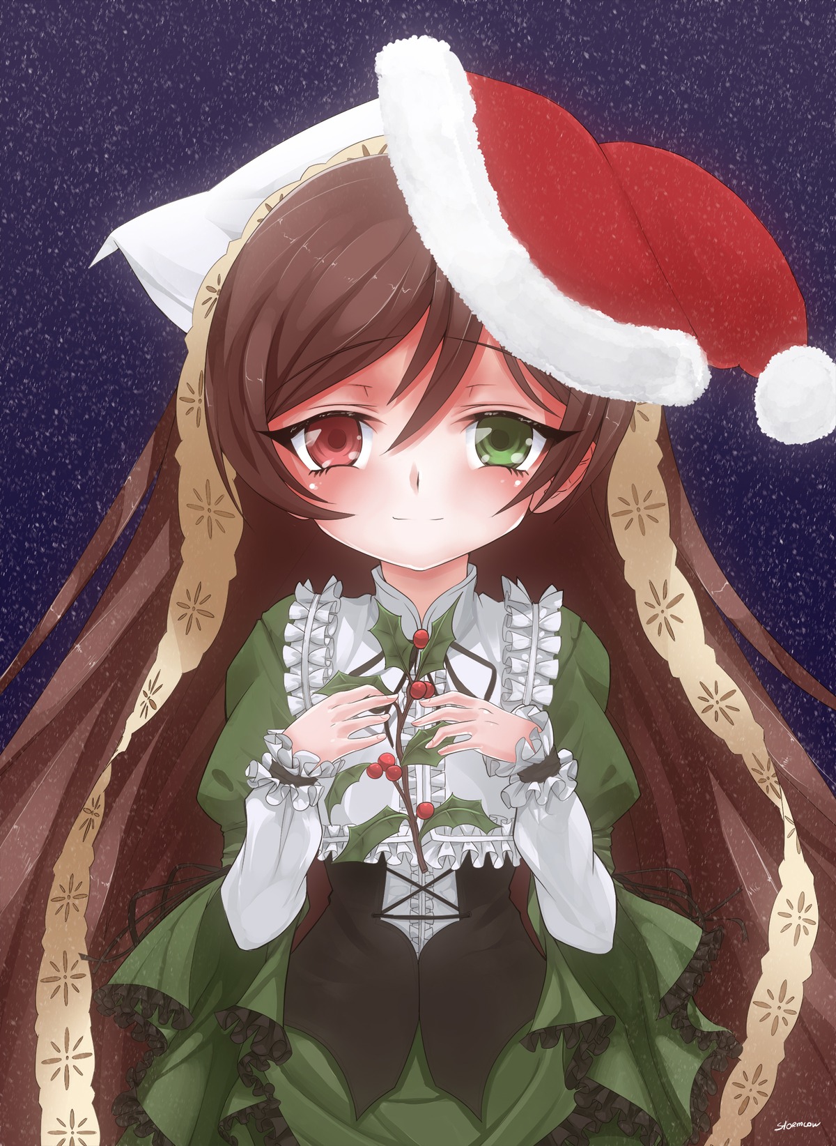 1girl brown_hair dress green_dress green_eyes hat heterochromia image long_hair night night_sky red_eyes shooting_star sky smile solo star_(sky) starry_background starry_sky suiseiseki