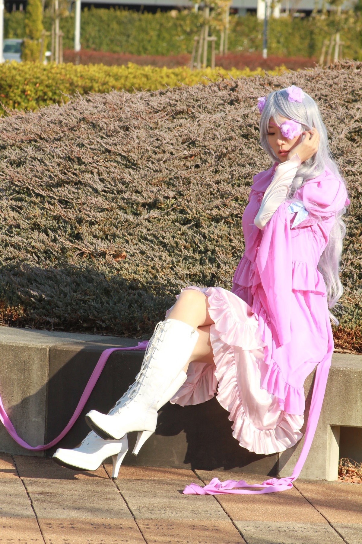1girl barasuishou boots dress eyepatch frills knee_boots long_hair photo pink_dress sitting solo