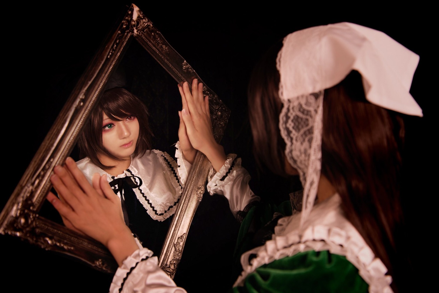 1girl brown_hair frills green_eyes hat instrument lips long_sleeves multiple_cosplay playing_instrument simple_background solo tagme