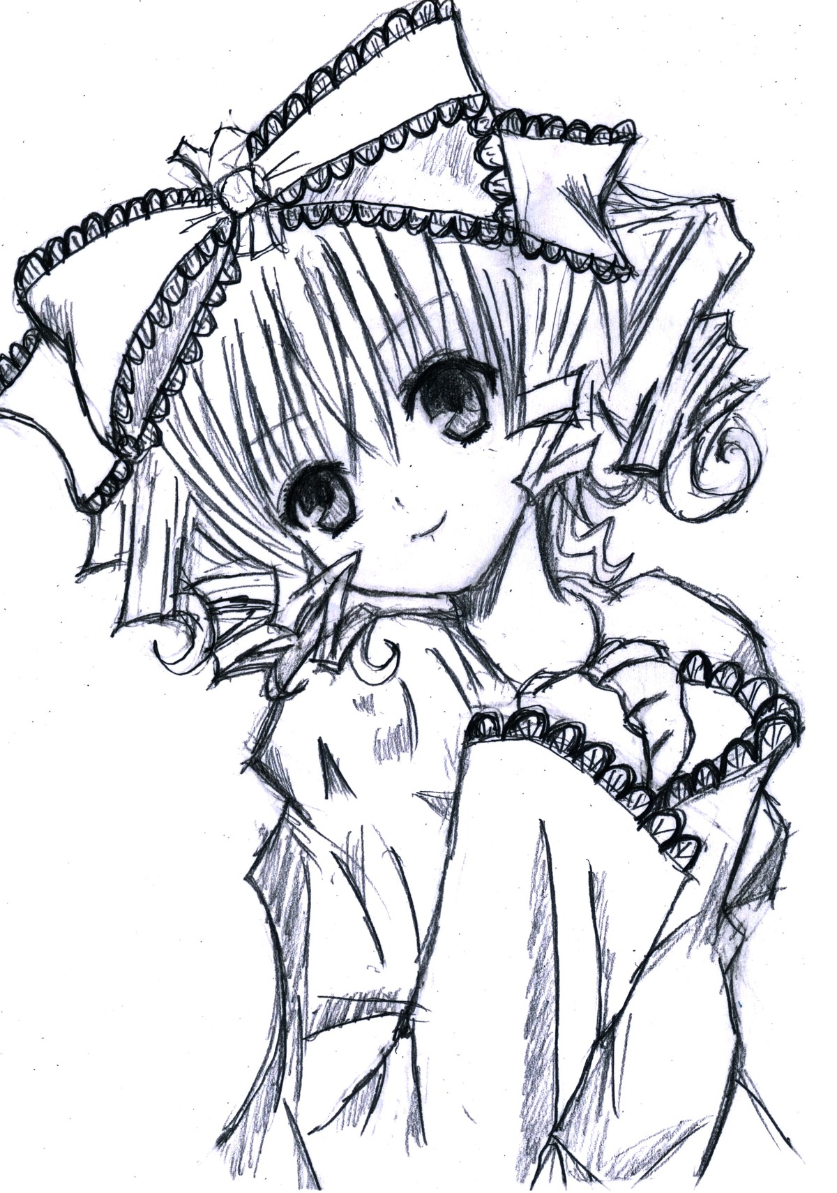 1girl blush drill_hair greyscale hinaichigo image long_sleeves looking_at_viewer monochrome short_hair sketch smile solo traditional_media upper_body