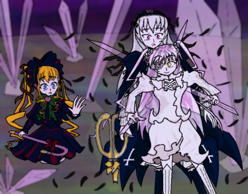 3girls black_dress black_wings blonde_hair blue_eyes blurry depth_of_field dress flower frills hairband holding holding_sword holding_weapon image lolita_hairband long_hair long_sleeves multiple multiple_girls pink_eyes rose shinku suigintou sword tagme very_long_hair weapon wings yellow_eyes