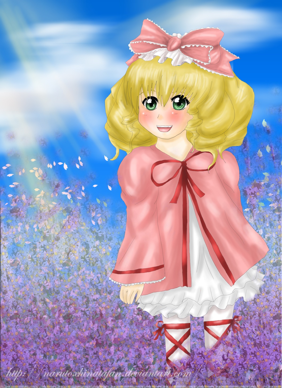 1girl :d blonde_hair blush bow day dress field flower flower_field frills green_eyes hair_bow hina_ichigo hinaichigo image long_sleeves object_namesake open_mouth pink_bow ribbon short_hair sky smile solo standing