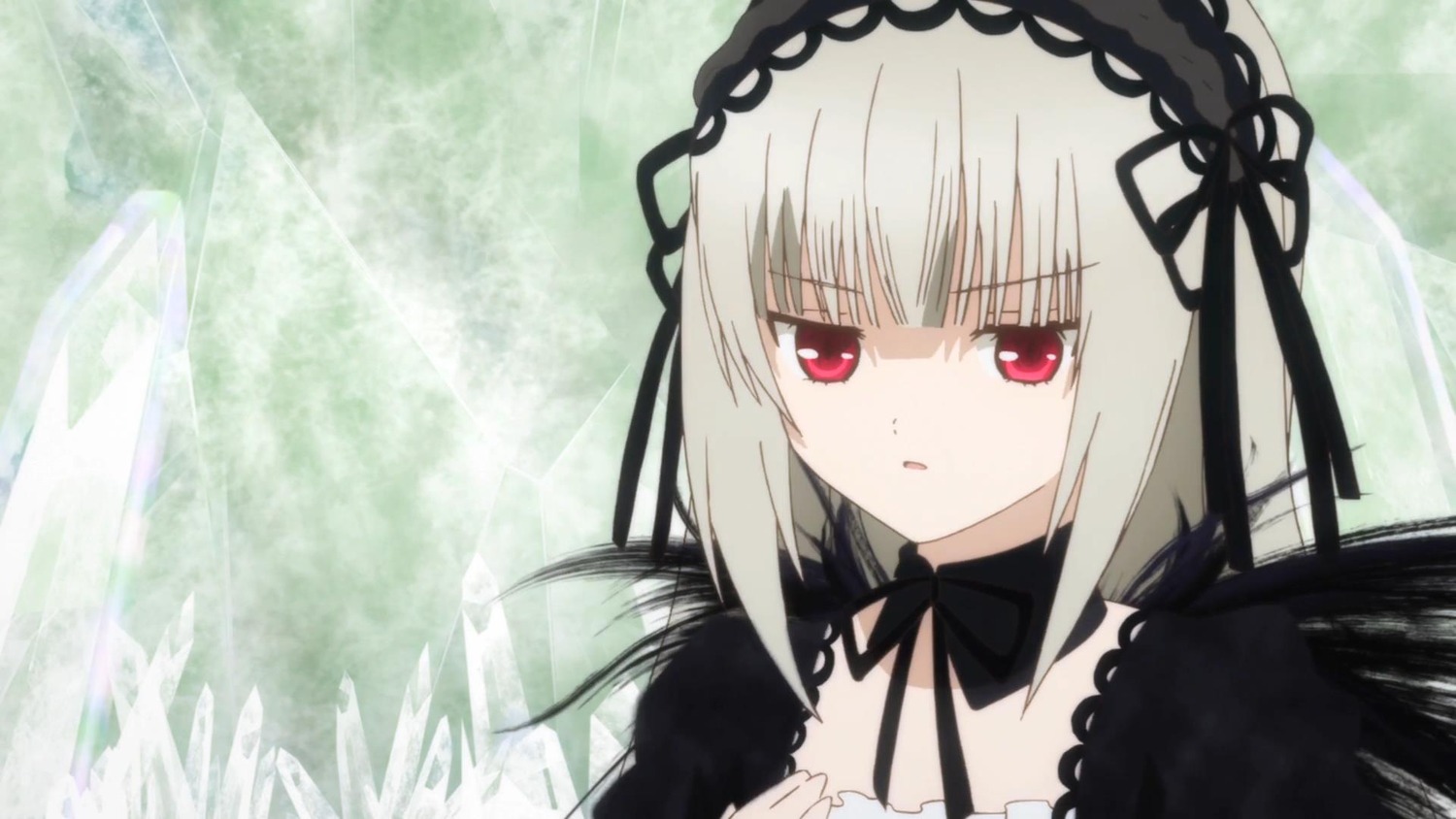 1girl bangs black_ribbon black_wings detached_collar dress eyebrows_visible_through_hair flower hairband image long_hair long_sleeves looking_at_viewer red_eyes ribbon silver_hair solo suigintou water wings