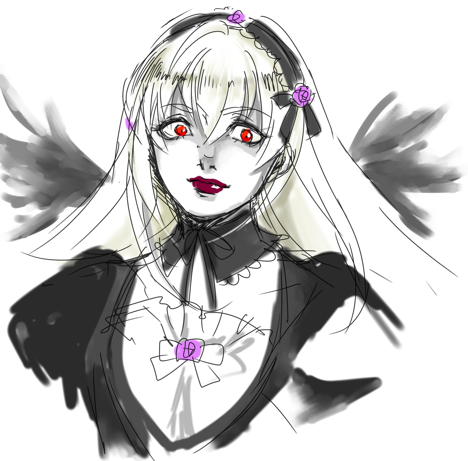 1girl angel angel_wings black_wings choker feathered_wings feathers flower hair_between_eyes hairband image long_hair looking_at_viewer red_eyes simple_background sketch solo suigintou upper_body white_background white_wings wings